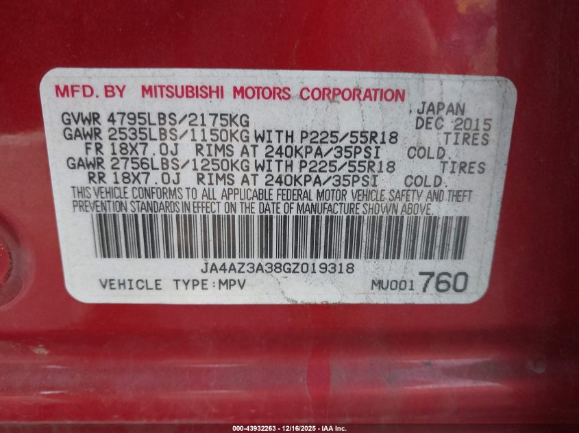 2016 Mitsubishi Outlander Sel VIN: JA4AZ3A38GZ019318 Lot: 43932263