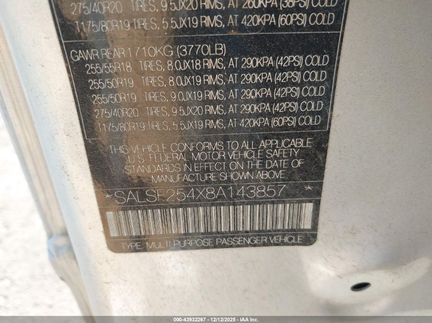 2008 Land Rover Range Rover Sport Hse VIN: SALSF254X8A143857 Lot: 43932267