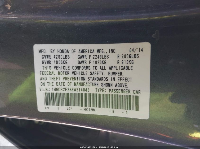 2014 Honda Accord Lx VIN: 1HGCR2F38EA214043 Lot: 43932276