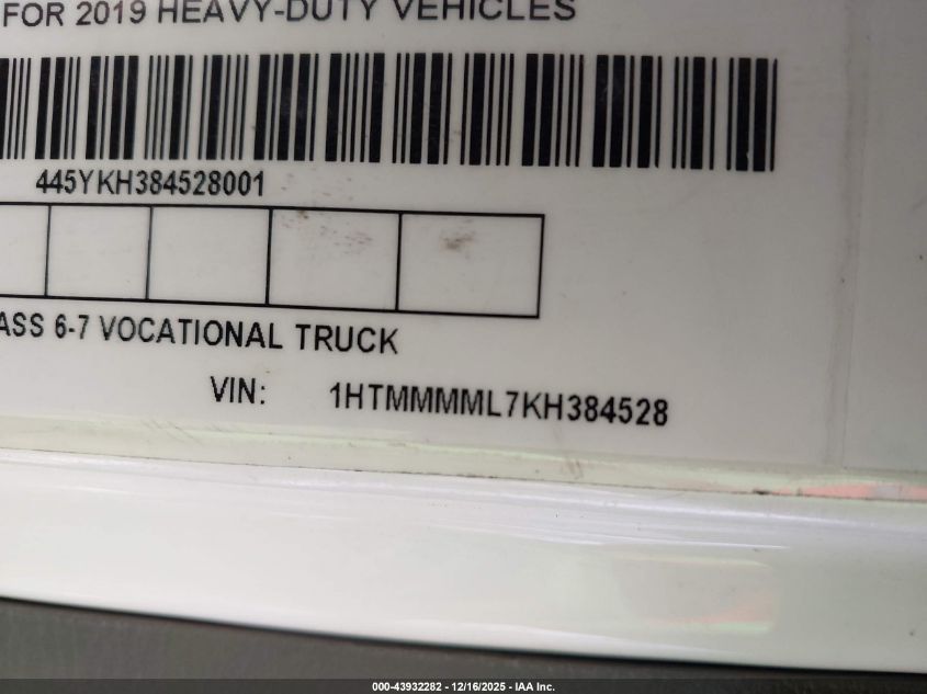 2019 International Durastar 4300 VIN: 1HTMMMML7KH384528 Lot: 43932282