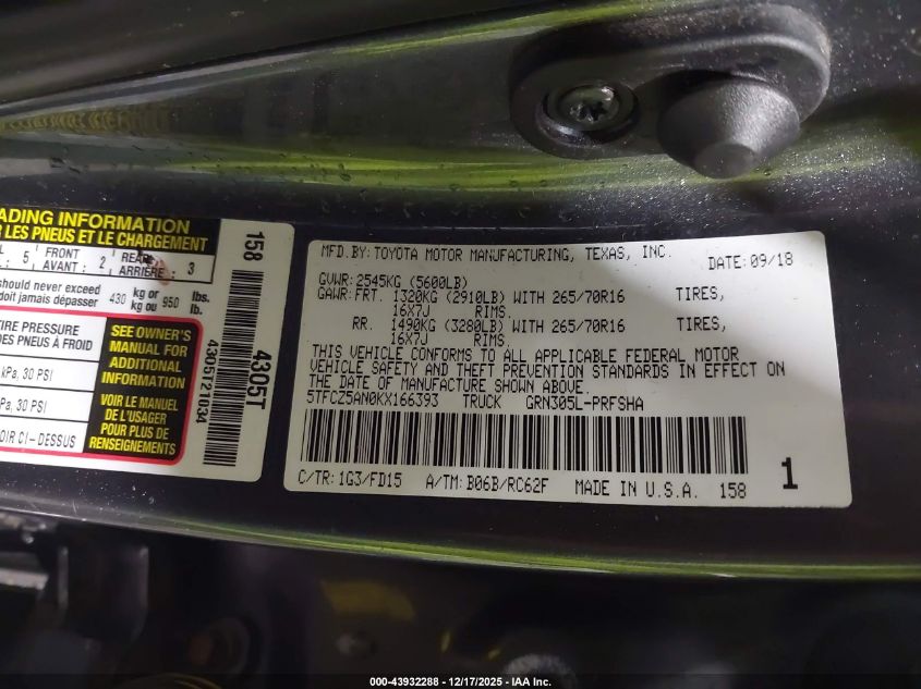 2019 Toyota Tacoma Trd Off Road VIN: 5TFCZ5AN0KX166393 Lot: 43932288