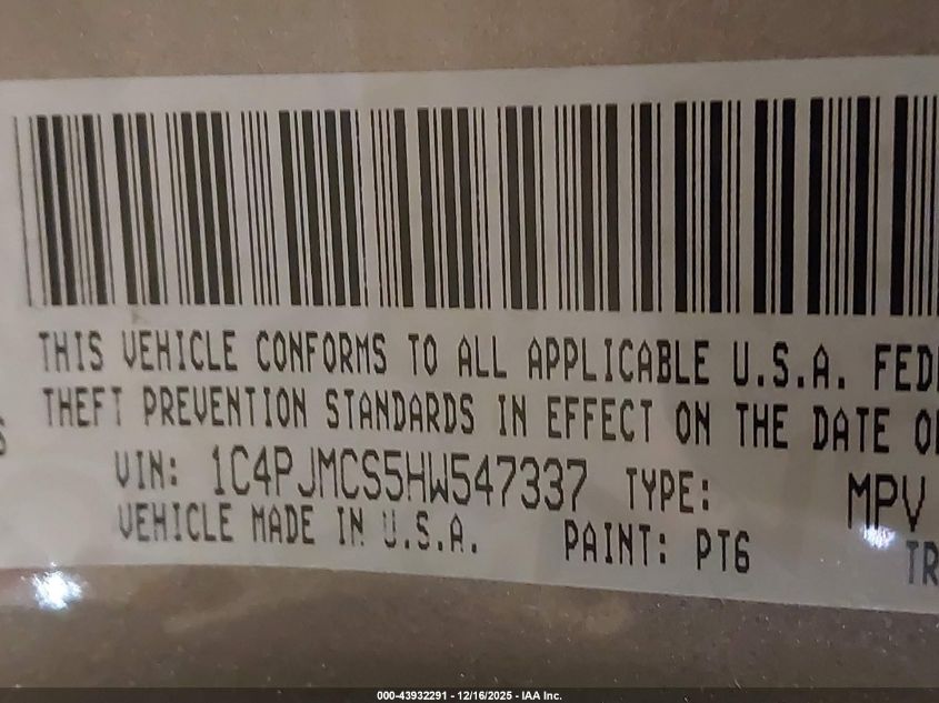 2017 Jeep Cherokee Latitude 4X4 VIN: 1C4PJMCS5HW547337 Lot: 43932291