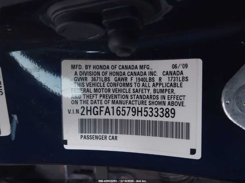 2009 Honda Civic Lx VIN: 2HGFA16579H533389 Lot: 43932293