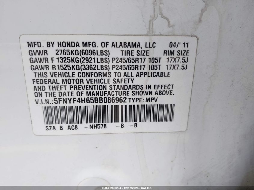 2011 Honda Pilot Ex-L VIN: 5FNYF4H65BB086962 Lot: 43932294