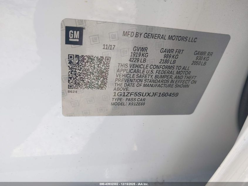 2018 Chevrolet Malibu Hybrid VIN: 1G1ZF5SUXJF160459 Lot: 43932302