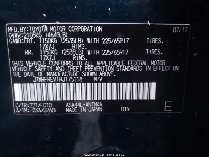 2017 Toyota Rav4 Xle VIN: JTMRFREV1HJ175118 Lot: 43932303