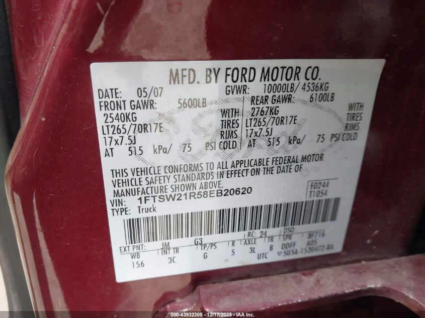 2008 Ford F-250 Xlt VIN: 1FTSW21R58EB20620 Lot: 43932305
