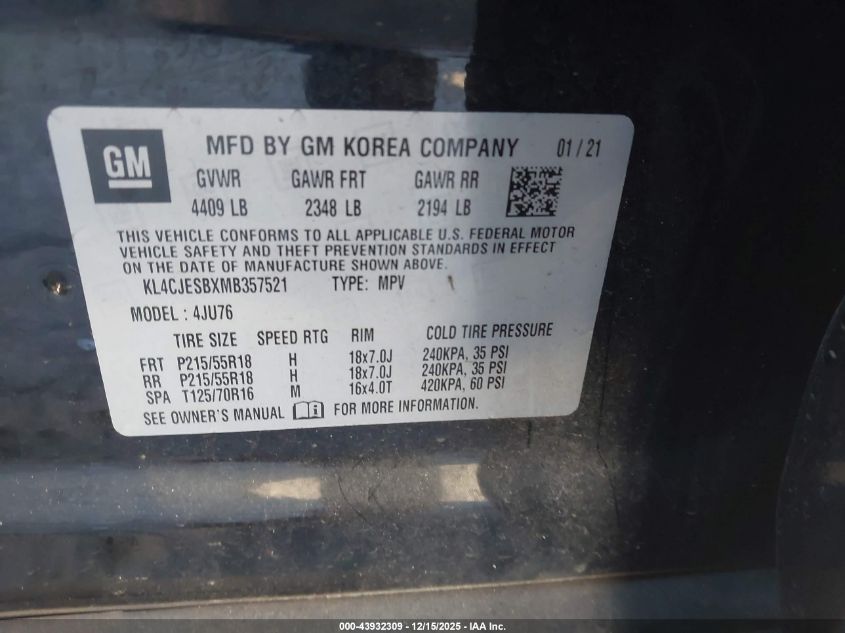 2021 Buick Encore Awd Preferred VIN: KL4CJESBXMB357521 Lot: 43932309