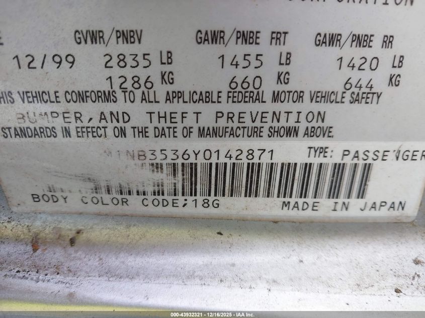 2000 Mazda Mx-5 Miata Ls/Special Edition VIN: JM1NB3536Y0142871 Lot: 43932321