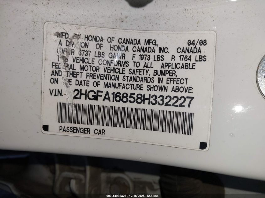 2008 Honda Civic Ex VIN: 2HGFA16858H332227 Lot: 43932326