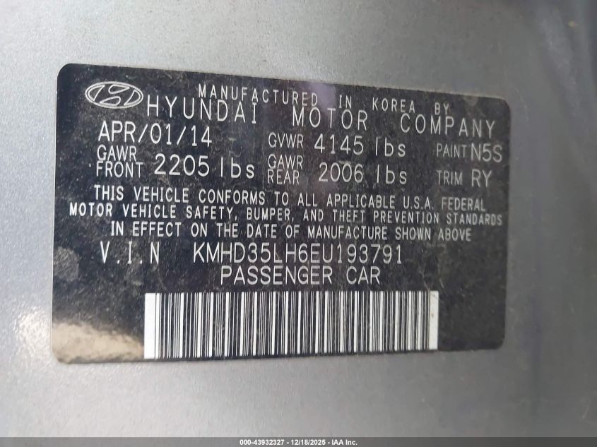2014 Hyundai Elantra Gt VIN: KMHD35LH6EU193791 Lot: 43932327