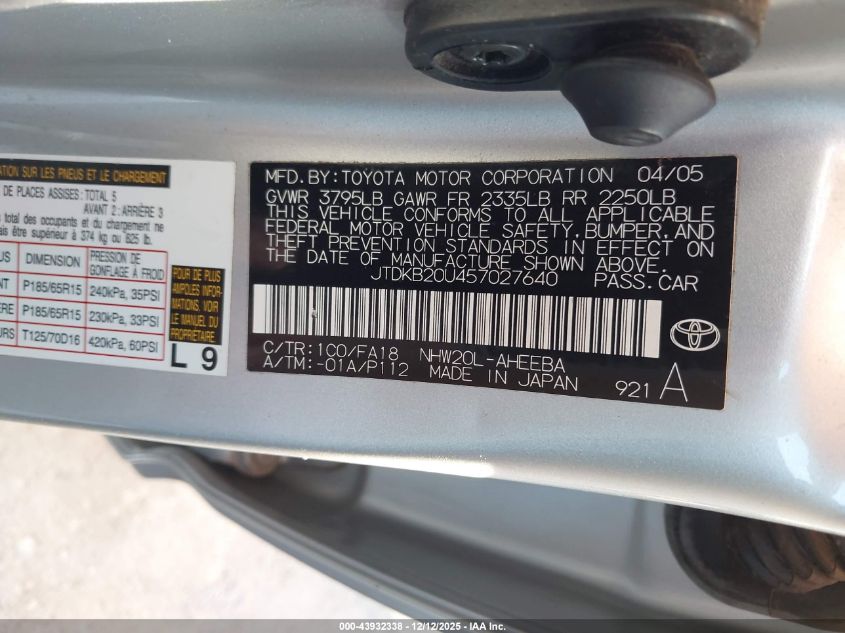 2005 Toyota Prius VIN: JTDKB20U457027640 Lot: 43932338