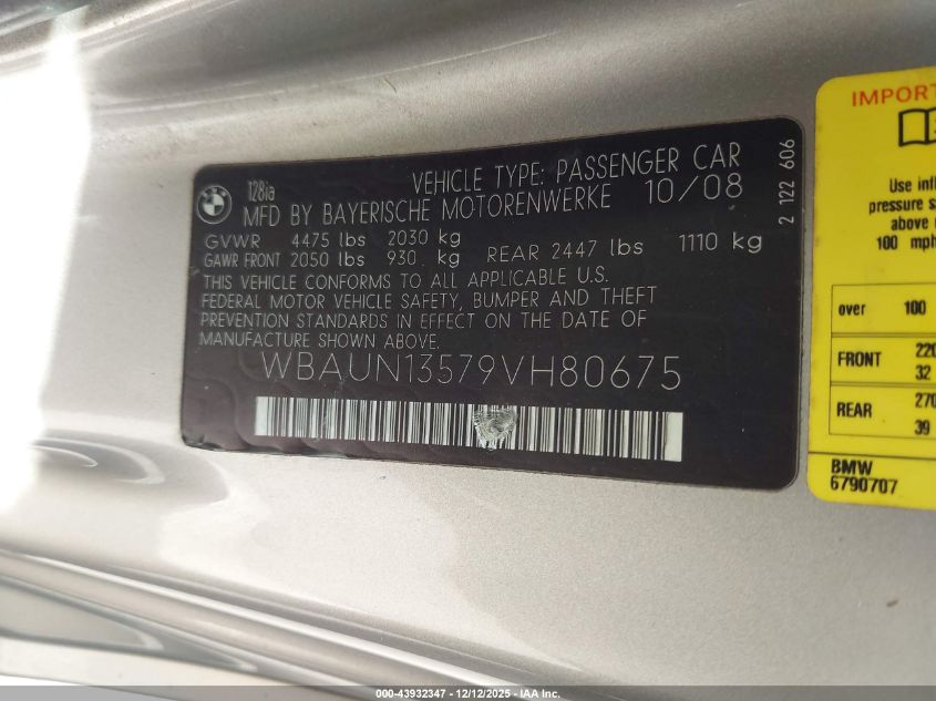 2009 BMW 128I VIN: WBAUN13579VH80675 Lot: 43932347