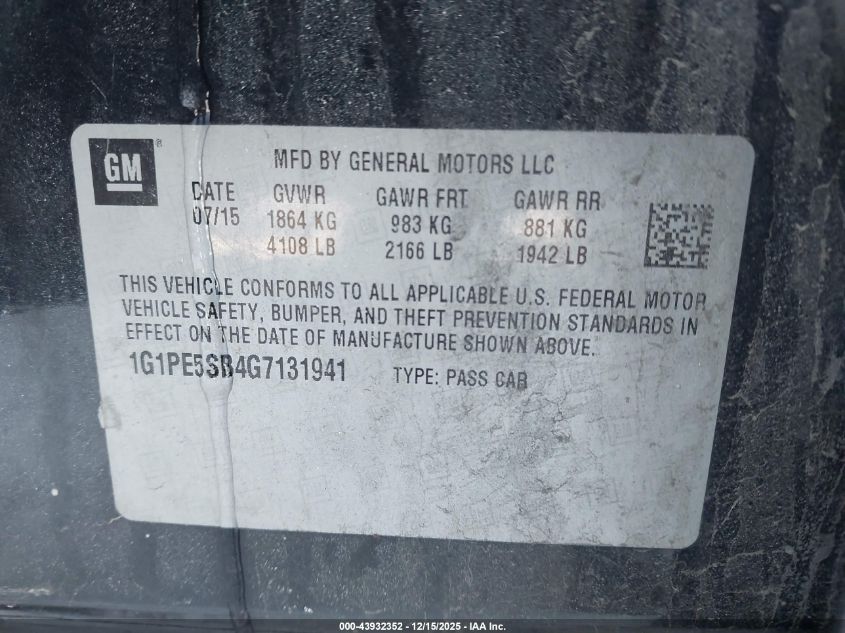 2016 Chevrolet Cruze Limited 1Lt Auto VIN: 1G1PE5SB4G7131941 Lot: 43932352