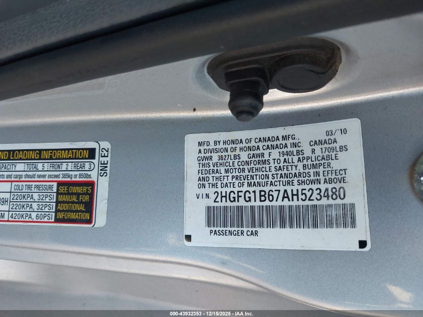 2010 Honda Civic Lx VIN: 2HGFG1B67AH523480 Lot: 43932353