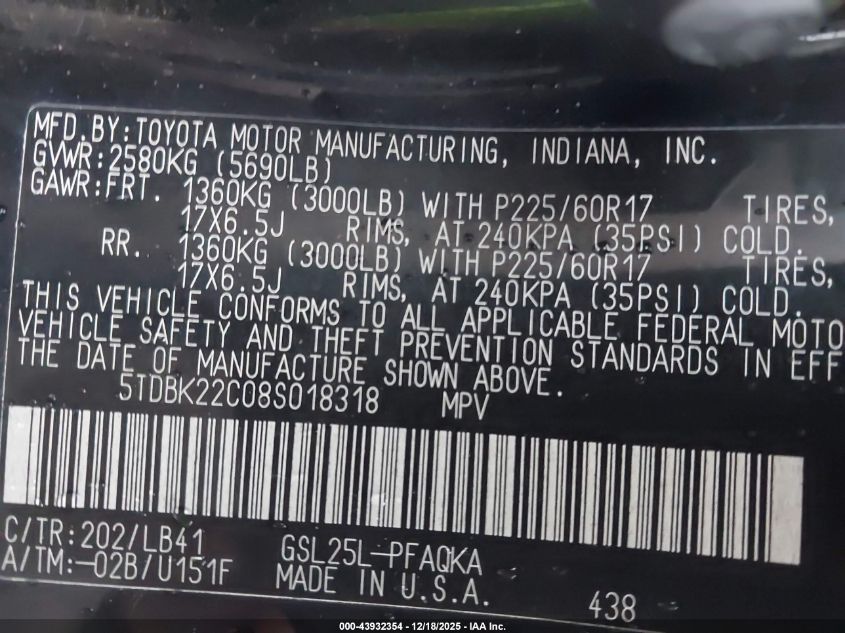 2008 Toyota Sienna Limited VIN: 5TDBK22C08S018318 Lot: 43932354