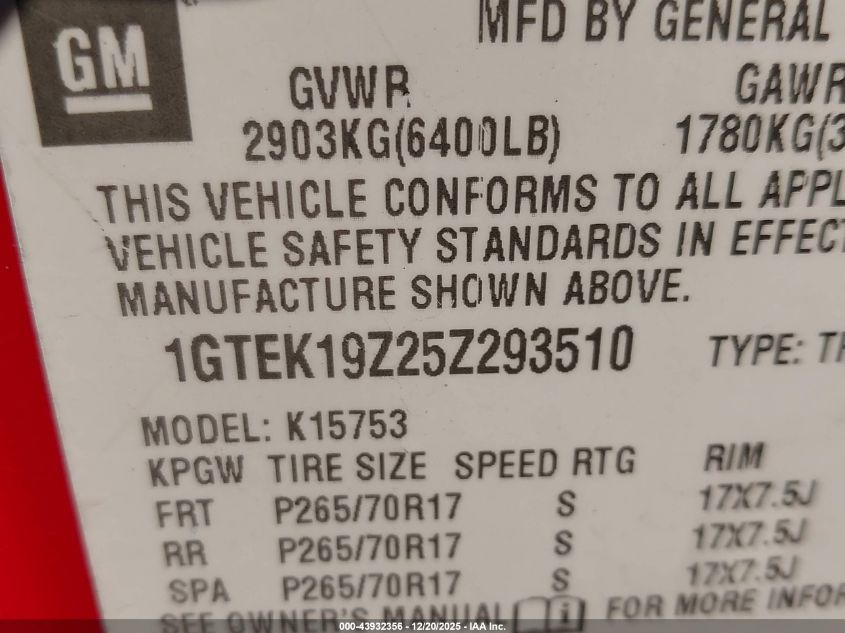 2005 GMC Sierra 1500 Sle VIN: 1GTEK19Z25Z293510 Lot: 43932356