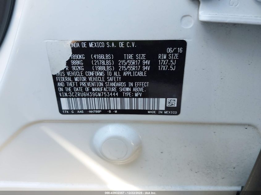 2016 Honda Hr-V Lx VIN: 3CZRU6H39GM753444 Lot: 43932357