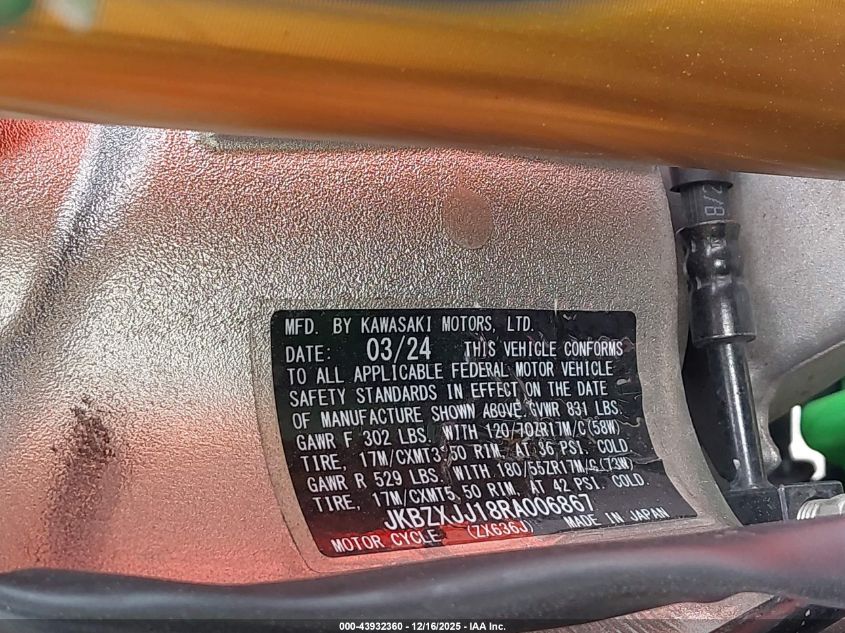 2024 Kawasaki Zx636 K VIN: JKBZXJJ18RA006867 Lot: 43932360