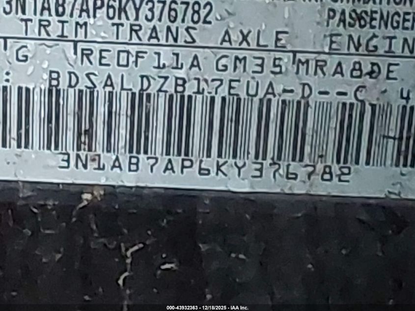 2019 Nissan Sentra Sv VIN: 3N1AB7AP6KY376782 Lot: 43932363