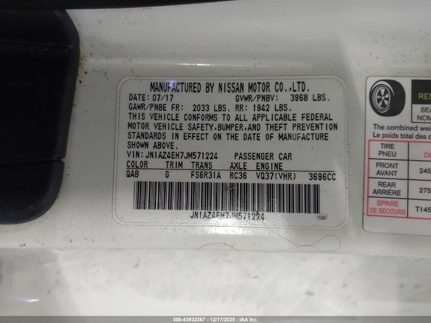 2018 Nissan 370Z Sport Tech VIN: JN1AZ4EH7JM571224 Lot: 43932367