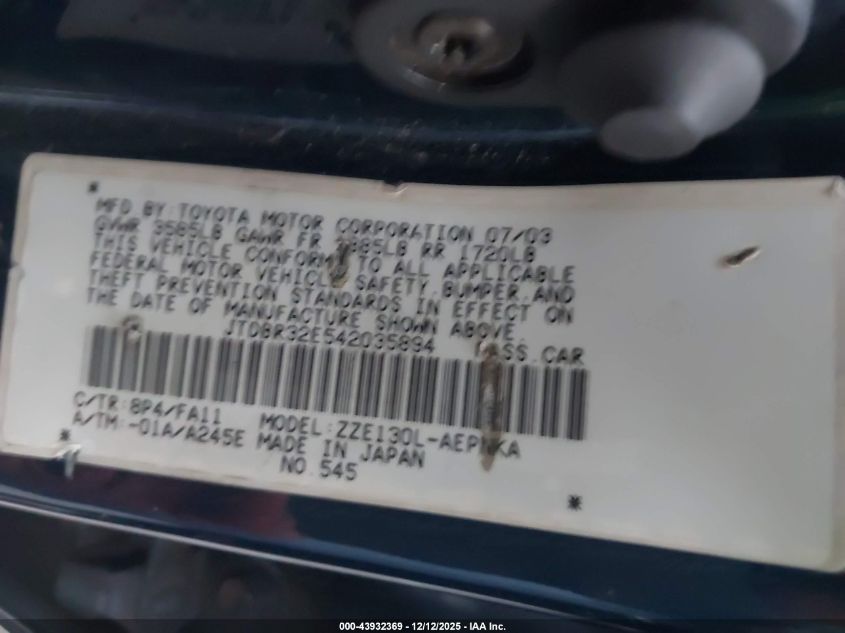 2004 Toyota Corolla Le VIN: JTDBR32E542035894 Lot: 43932369