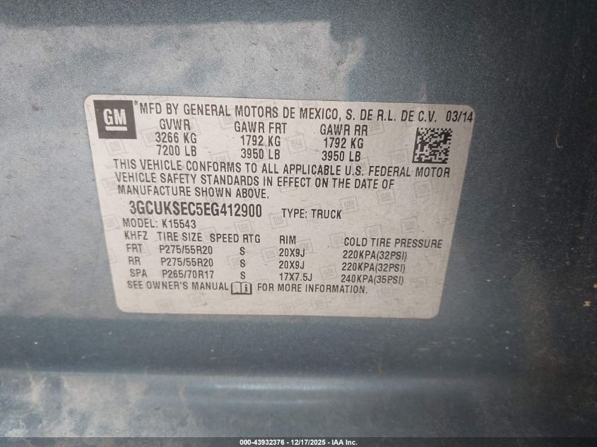 2014 Chevrolet Silverado 1500 1Lz VIN: 3GCUKSEC5EG412900 Lot: 43932376