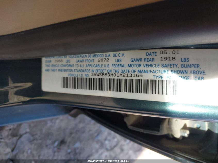 2001 Volkswagen Jetta Gls VIN: 3VWSB69M01M213165 Lot: 43932377