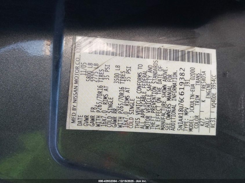 2006 Nissan Pathfinder Se VIN: 5N1AR18U76C619382 Lot: 43932384