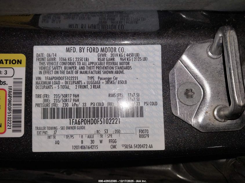 2015 Ford Fusion Se VIN: 1FA6P0HD0F5102221 Lot: 43932385