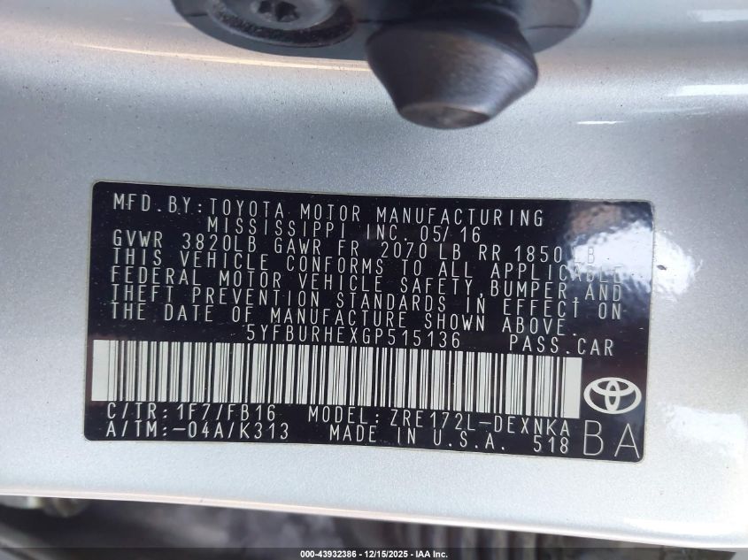 2016 Toyota Corolla Le Plus VIN: 5YFBURHEXGP515136 Lot: 43932386