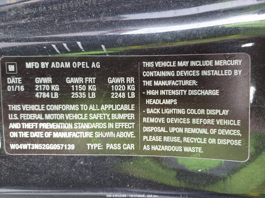 2016 Buick Cascada Premium VIN: W04WT3N52GG057139 Lot: 43932388