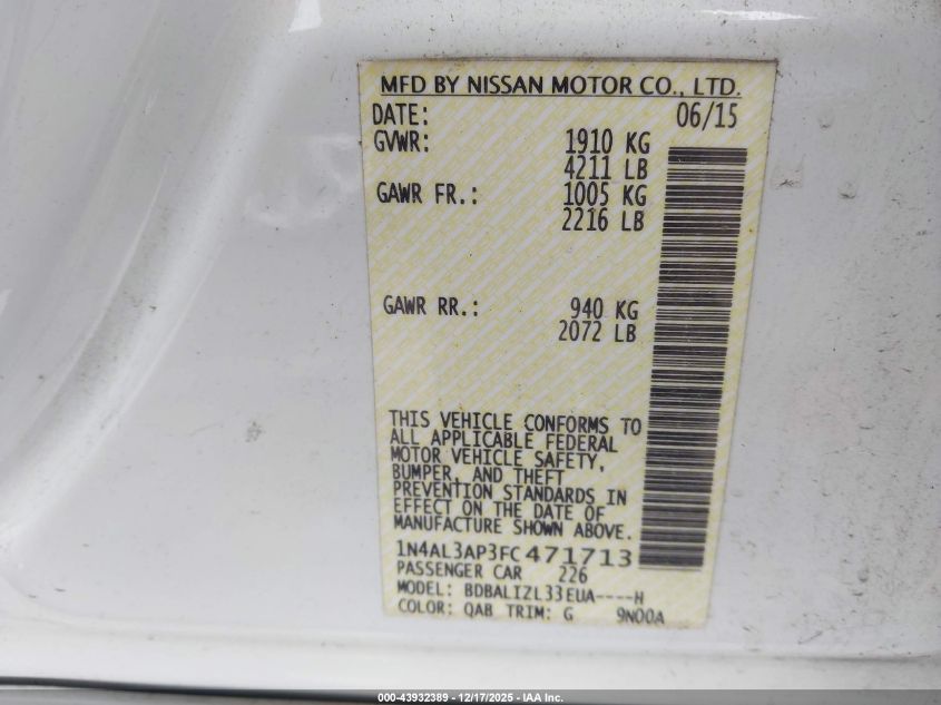 2015 Nissan Altima 2.5 Sv VIN: 1N4AL3AP3FC471713 Lot: 43932389