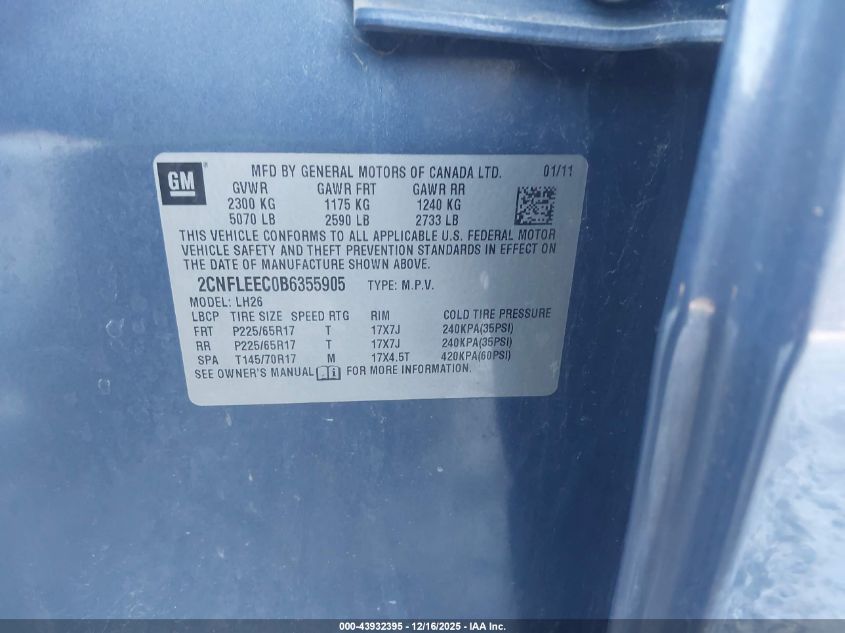 2011 Chevrolet Equinox 1Lt VIN: 2CNFLEEC0B6355905 Lot: 43932395