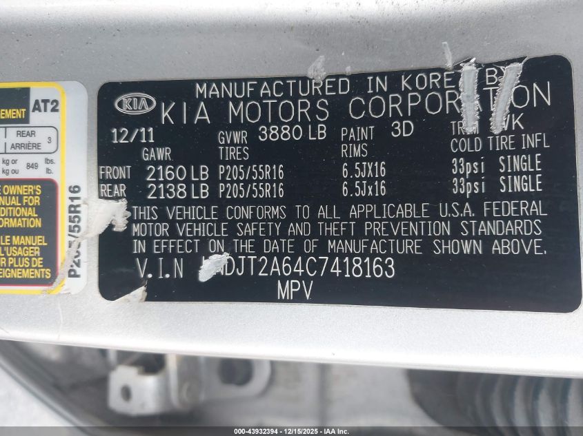 2012 Kia Soul + VIN: KNDJT2A64C7418163 Lot: 43932394