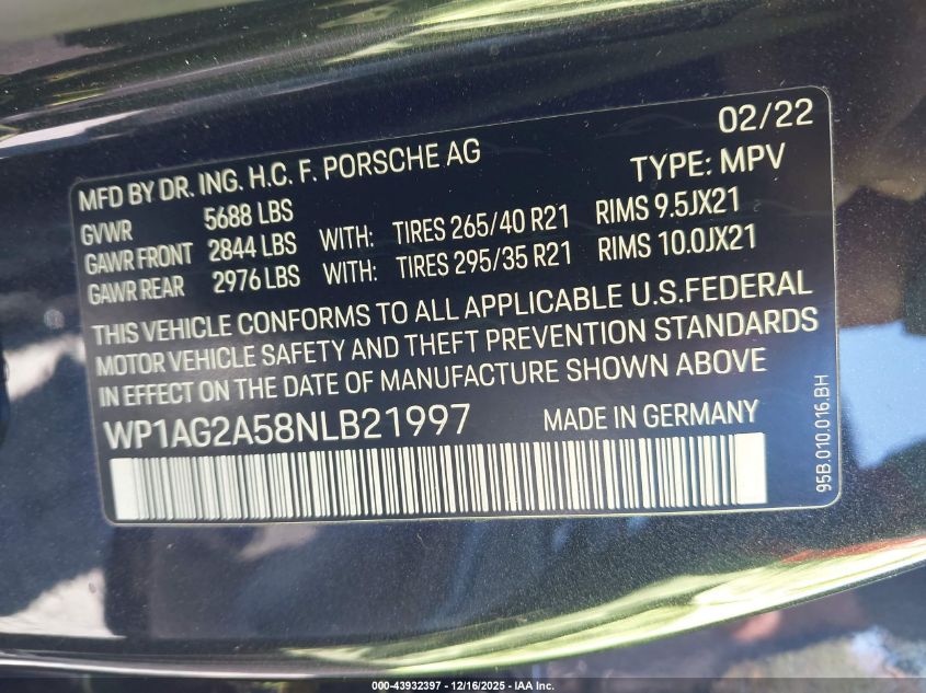 2022 Porsche Macan S VIN: WP1AG2A58NLB21997 Lot: 43932397