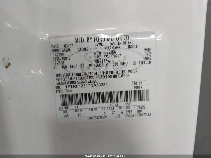 2007 Ford F-150 Stx/Xl/Xlt VIN: 1FTRF12217NA53281 Lot: 43932398