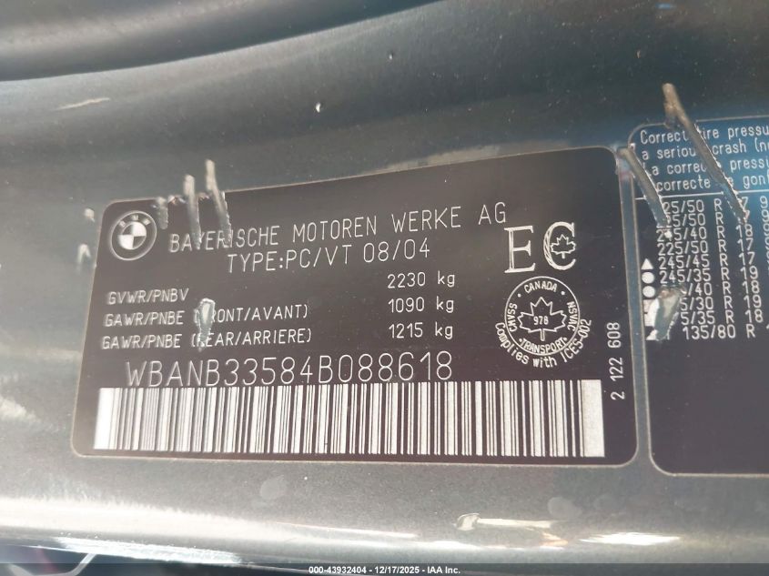 2004 BMW 545I VIN: WBANB33584B088618 Lot: 43932404