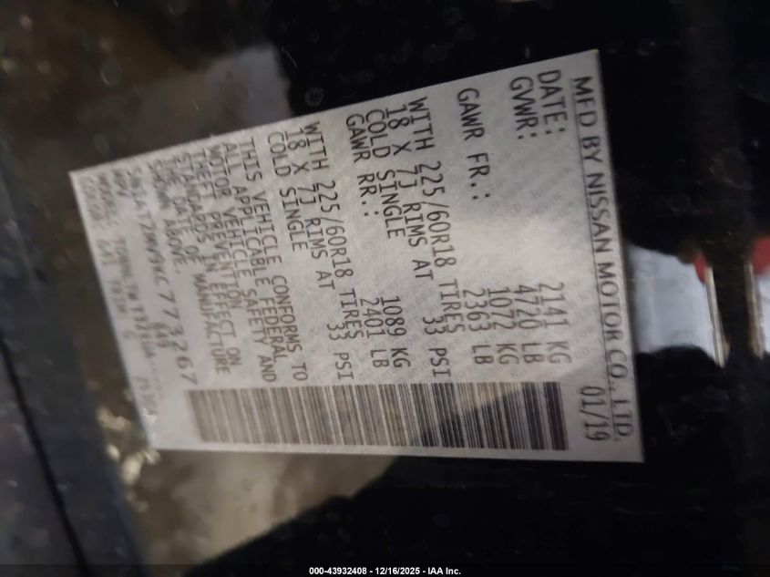 2019 Nissan Rogue Sv VIN: 5N1AT2MV9KC773267 Lot: 43932408