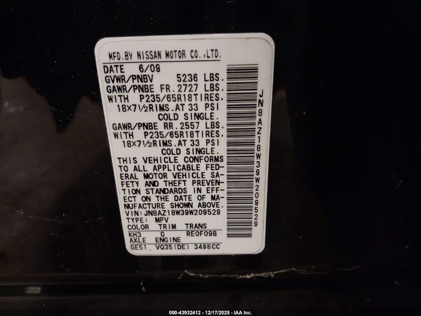 2009 Nissan Murano S VIN: JN8AZ18W39W209529 Lot: 43932412