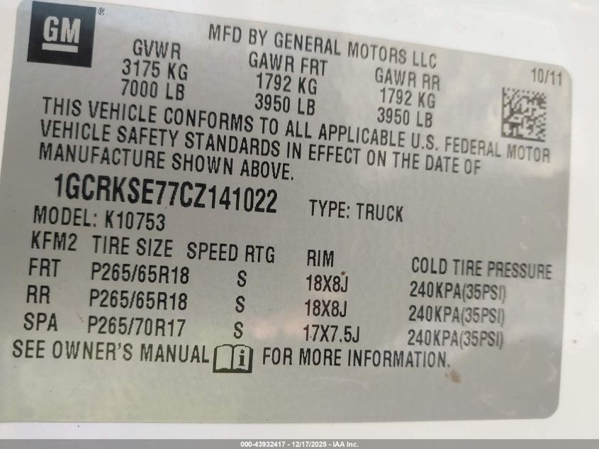 2012 Chevrolet Silverado 1500 Lt VIN: 1GCRKSE77CZ141022 Lot: 43932417