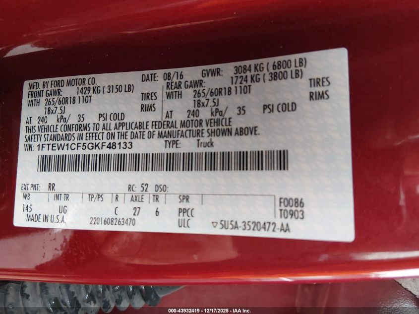 2016 Ford F-150 Xlt VIN: 1FTEW1CF5GKF48133 Lot: 43932419