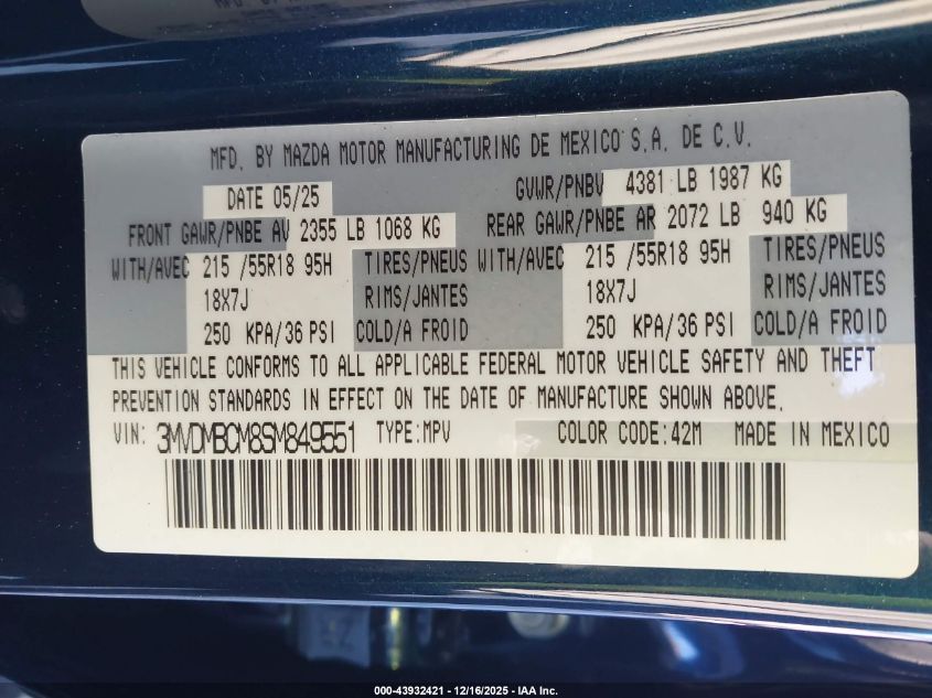 2025 Mazda Cx-30 2.5 S Preferred Package VIN: 3MVDMBCM8SM849551 Lot: 43932421