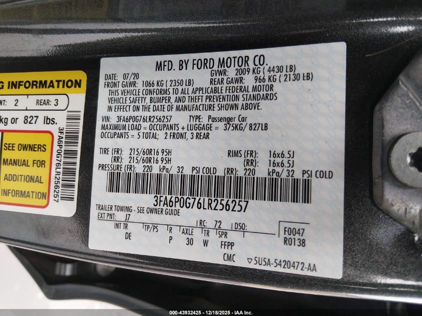 2020 Ford Fusion S VIN: 3FA6P0G76LR256257 Lot: 43932425