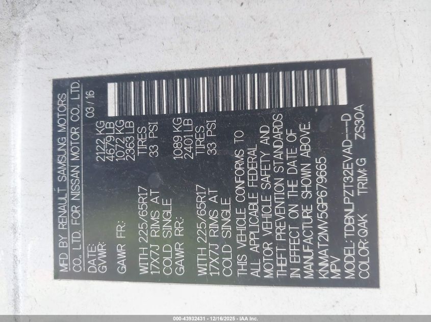 2016 Nissan Rogue S VIN: KNMAT2MV5GP679665 Lot: 43932431