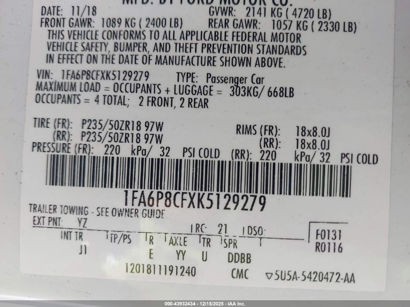 2019 Ford Mustang Gt Premium VIN: 1FA6P8CFXK5129279 Lot: 43932434