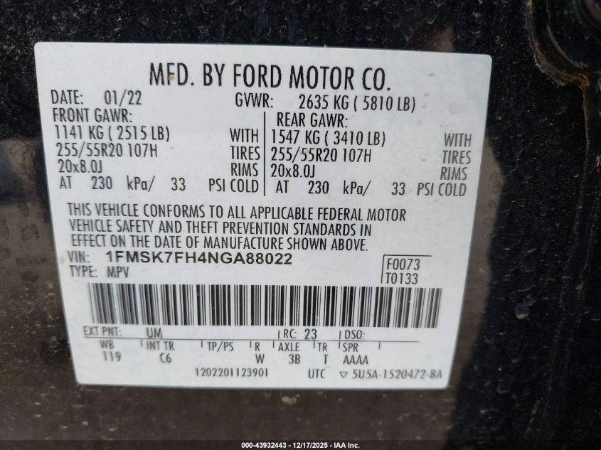 2022 Ford Explorer Limited VIN: 1FMSK7FH4NGA88022 Lot: 43932443