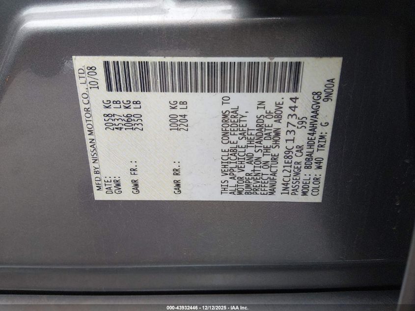 2009 Nissan Altima Hybrid VIN: 1N4CL21E89C137344 Lot: 43932446