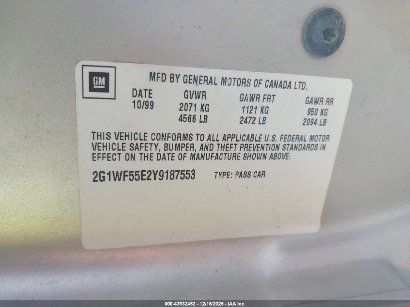 2000 Chevrolet Impala VIN: 2G1WF55E2Y9187553 Lot: 43932452