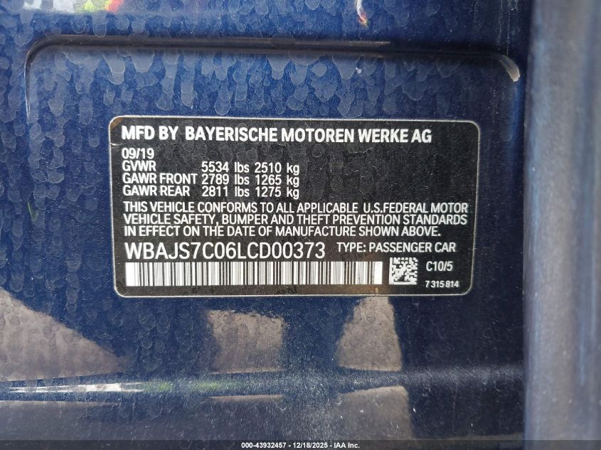 2020 BMW M550I xDrive VIN: WBAJS7C06LCD00373 Lot: 43932457